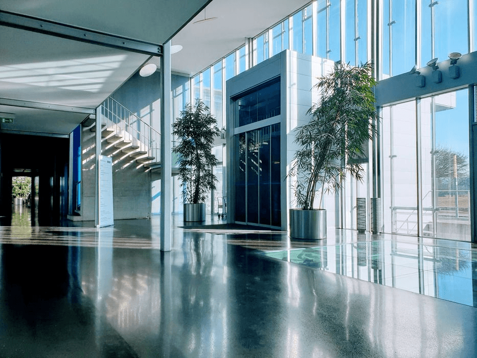 Bright GlessHub entrance hall with glass facade, staircase and plants