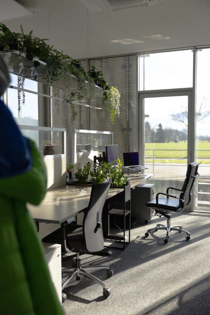 Modern coworking at GlessHub: bright workspaces, plants and large windows overlooking greenery