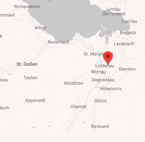 Karte: Standort Lustenau zwischen Bodensee, Rhein und Schweiz, mit rotem Marker