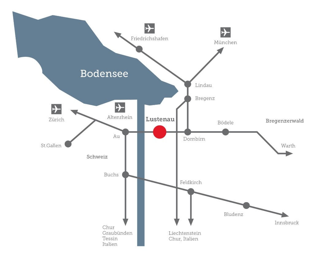 Schematic map showing Lustenau at the centre of the Lake Constance region, with connections to Zurich, Munich, Friedrichshafen and Altenrhein
